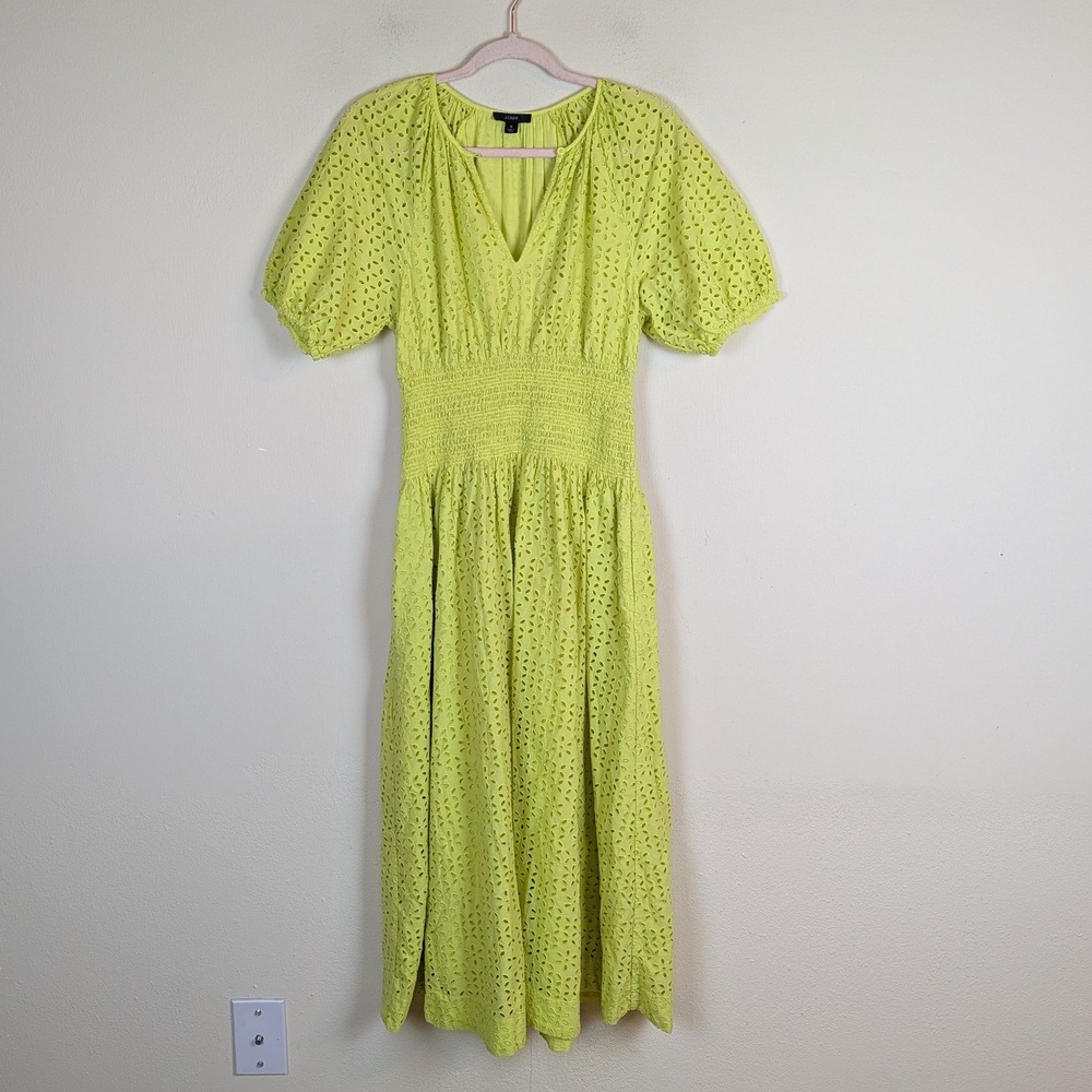 J. Crew Dress Small Yellow Eyelet Smocked Province Lemon Sorbet BP844 Midi
